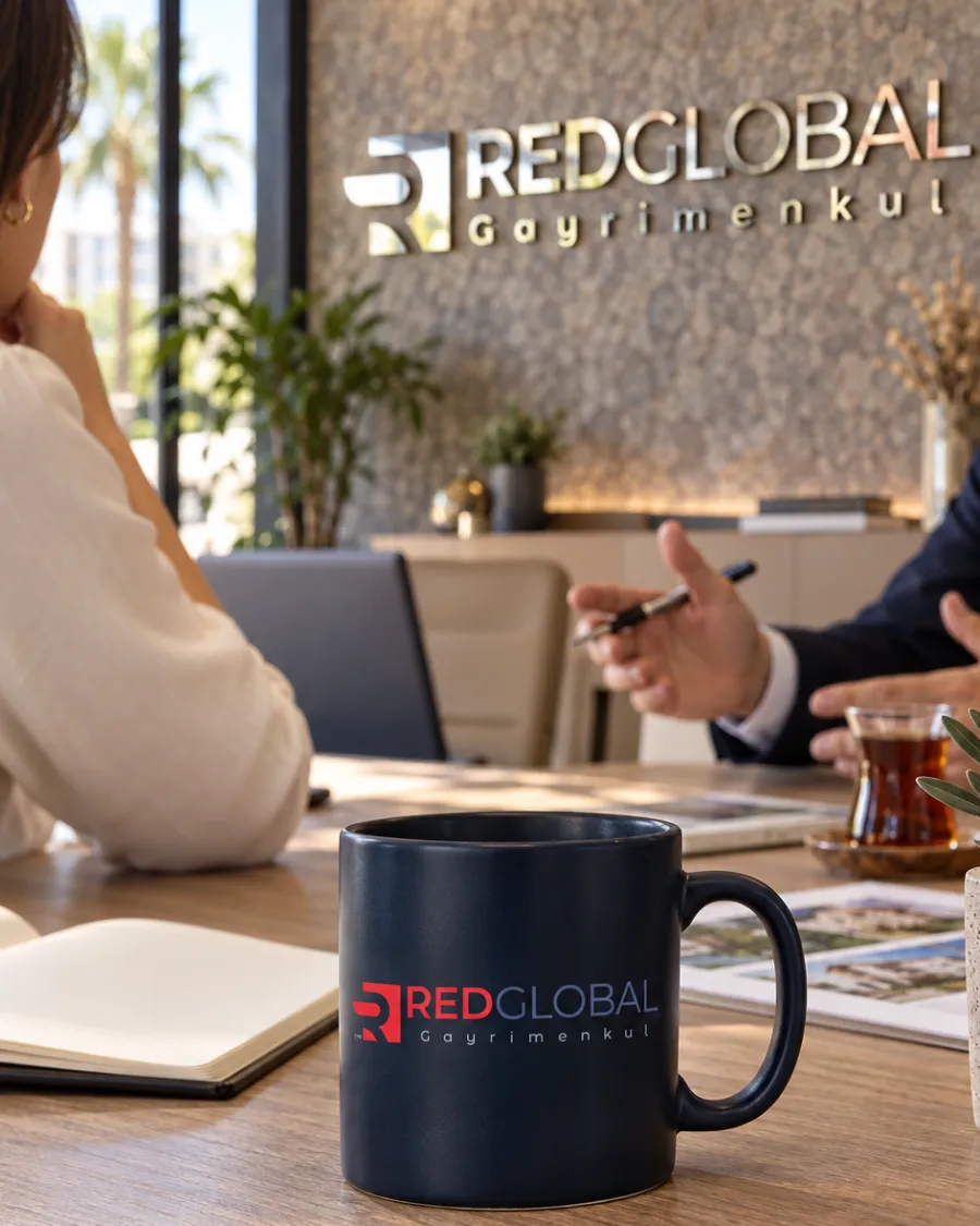 Red Global ofisinde ilk görüşme: açık defter ve Red Global logolu masa objesi