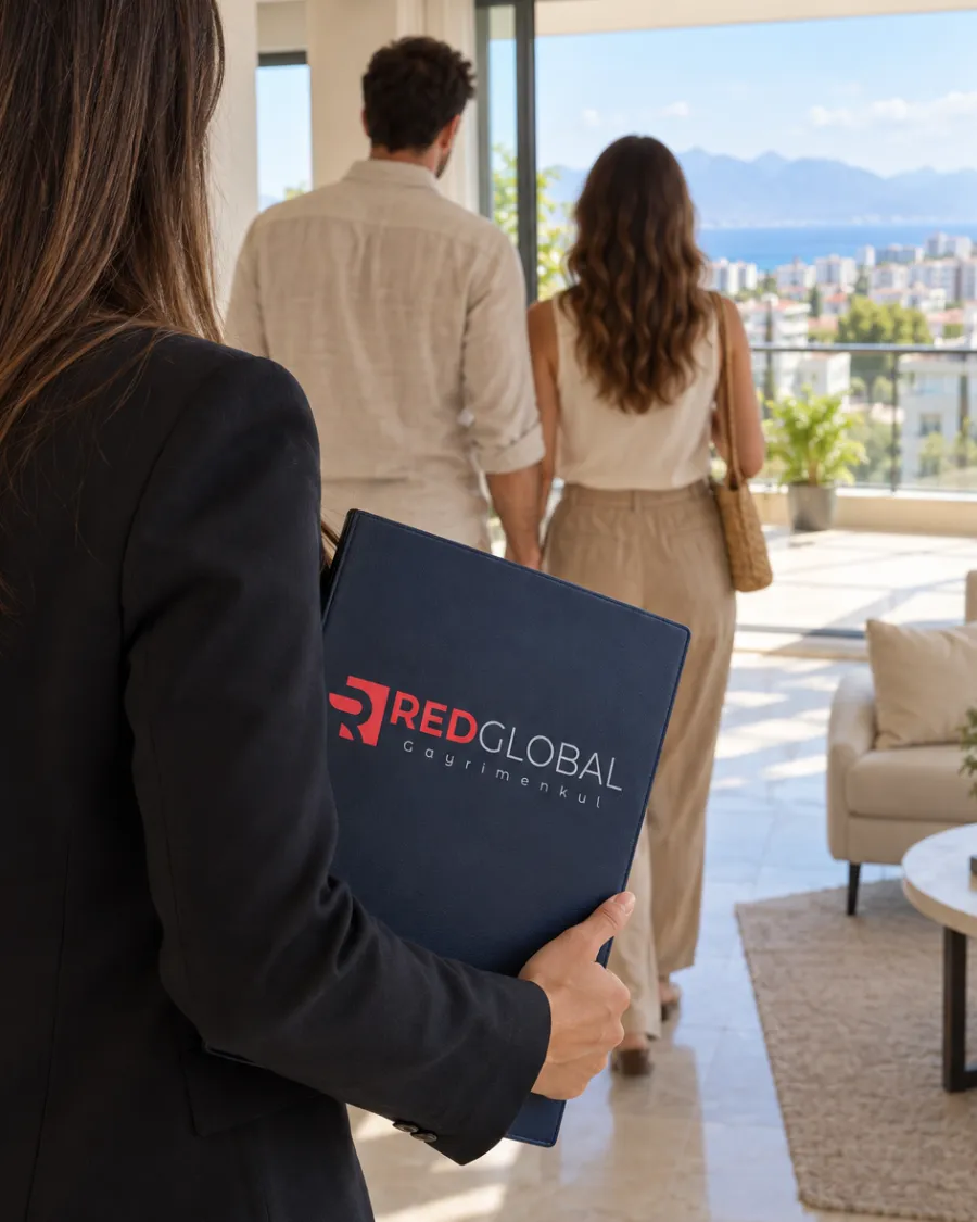 Danışman, elinde Red Global logolu dosyayla daireyi yerinde gösteriyor