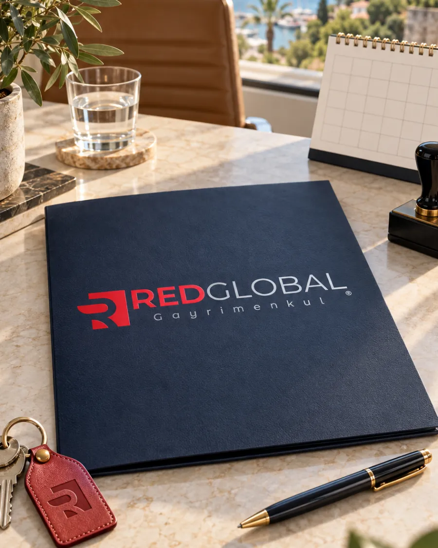 Masada Red Global logolu evrak dosyası, kaşe ve R işaretli kırmızı anahtarlıklı anahtarlar