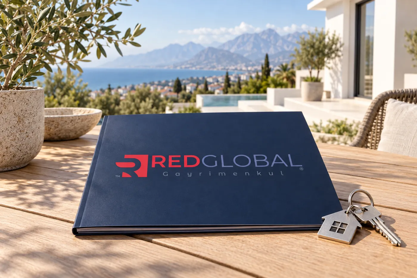 Zeytin ağaçlı bir terasta masada Red Global logolu portföy kataloğu ve anahtarlar