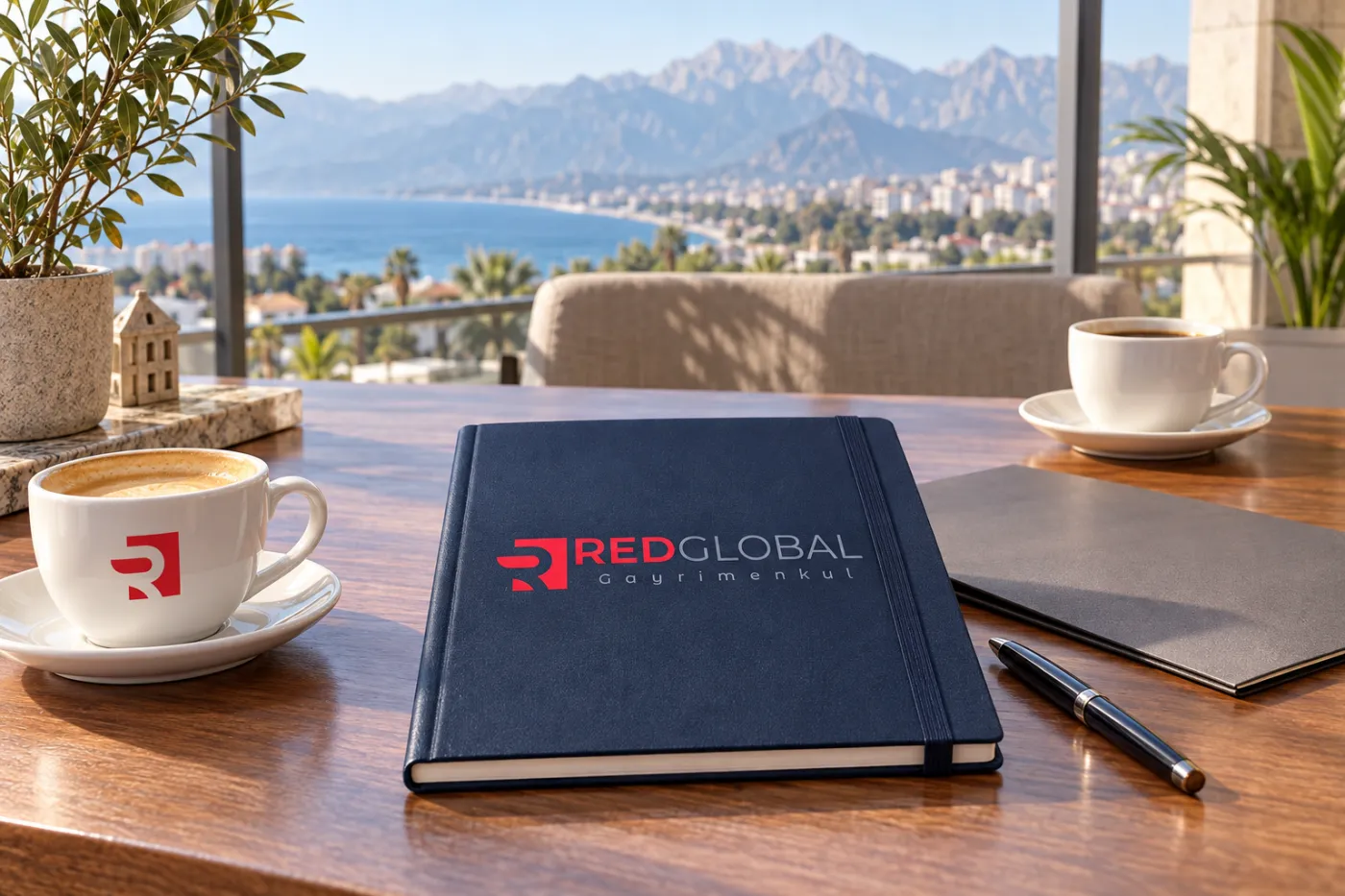 Dağ manzaralı toplantı masasında kahve fincanları ve Red Global logolu defter
